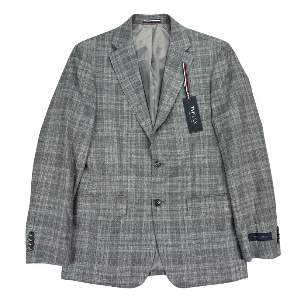 Tommy Hilfiger Mens TH Flex Modern Fit Plaid Windowpane Sport Coat Gray Blue 38R